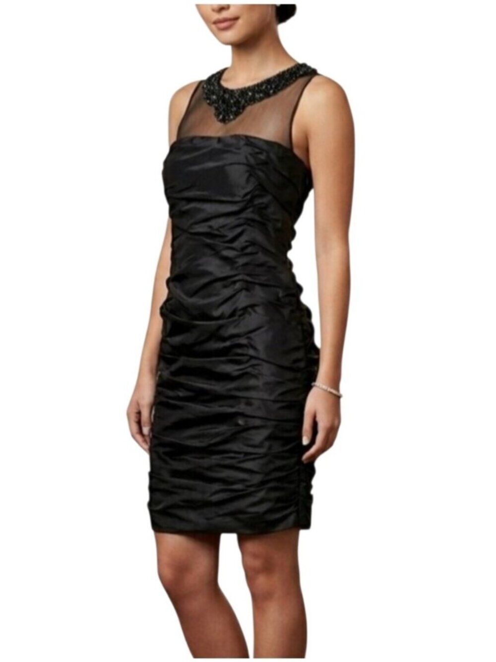 JS Collections Black Ruched Cocktail Dress with Beaded Illusion Neck Womens 8